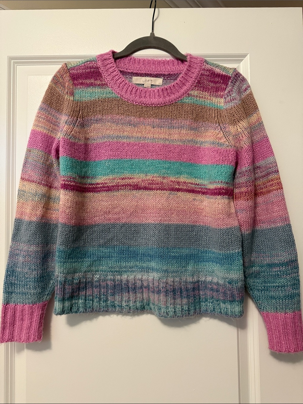 LOFT Striped Crewneck Sweater in Pink, Teal & Gray